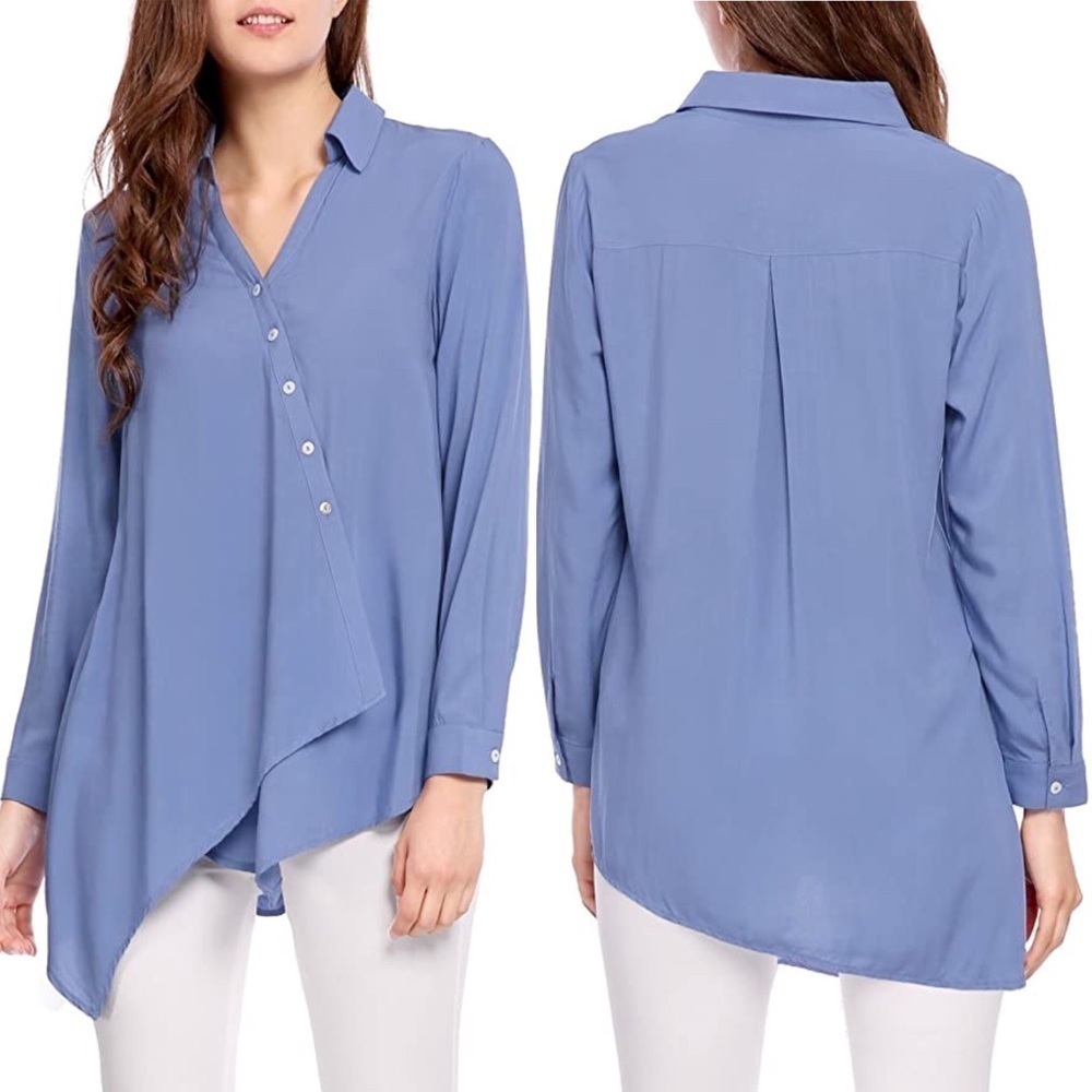 Allegra K Asymmetrical V Neck Button Down Blouse